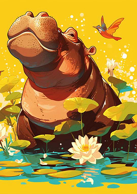 Happy Hippo in a Lily Pond