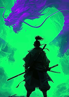 Samurai Facing a Purple Dragon