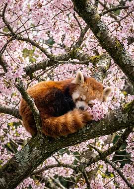 Red raccon Sleeping Among Cherry Blossoms