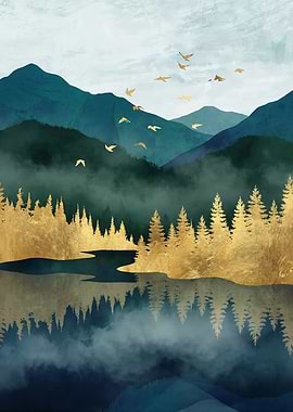 Golden Forest Mountains and Birds