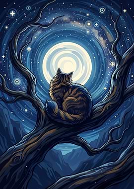 Stargazing Feline in the Mystic Night
