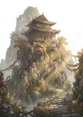 Serene Mountain Temple with Monks