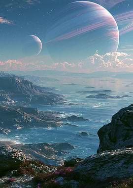Alien Planet Landscape with Ringed Planets