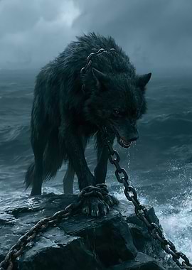 Chained Wolf on Rocky Shore