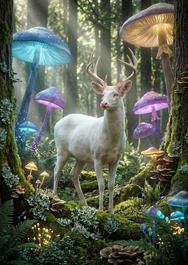 Enchanted Forest with White Stag and Glowing Mushrooms