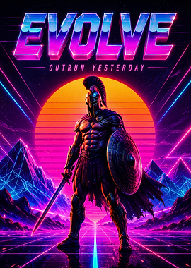 Retro Warrior with Neon Sunset