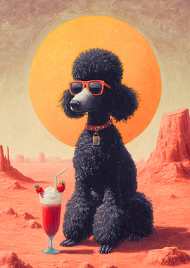 Poodle with Sunglasses and Strawberry Drink On Mars