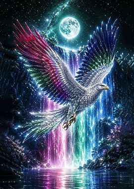 Eagle with Rainbow Wings Over Waterfall