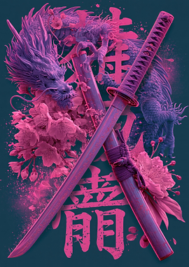 Dragon and Samurai Swords with Cherry Blossoms