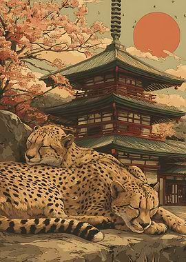 Cheetah Sleeping by Japanese Pagoda