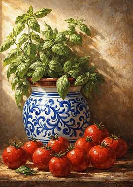 Mediterranean Tomato Basil Still Life