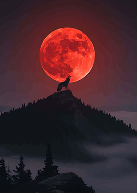 Wolf howling at a blood moon