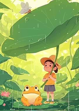 Girl and Frog Under Lotus Leaf