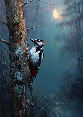 Woodpecker on a Tree Under the Moon