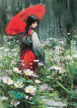 Girl with Red Umbrella in Flower Field