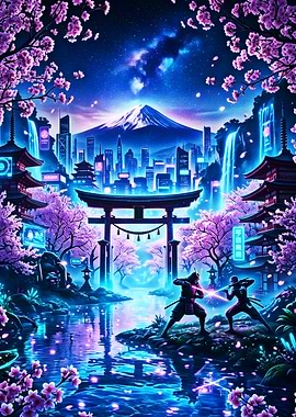 Cyberpunk Samurai Duel at Night