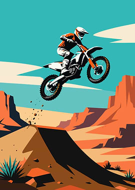 Motocross Rider Jumps Over Desert Ramp