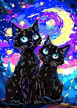 Two Black Cats Under a Starry Sky