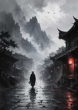 Samurai in Misty Asian Village
