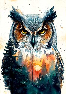 Watercolor Owl with Forest Scene
