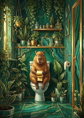 Capybara on Toilet with Gold Toilet Paper