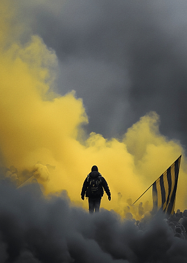 Person walking through yellow smoke