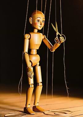 Wooden Puppet Holding Scissors