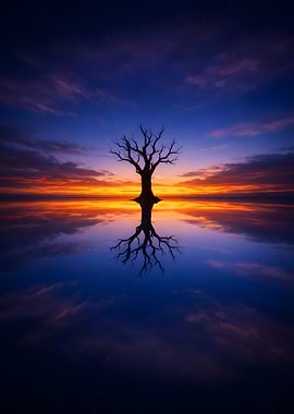 Solitary Tree Reflection at Sunset