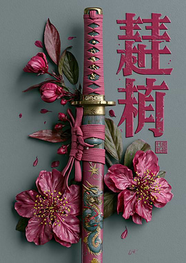 Samurai Sword with Cherry Blossoms and Dragon