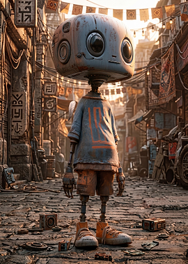 Robot in a bustling marketplace