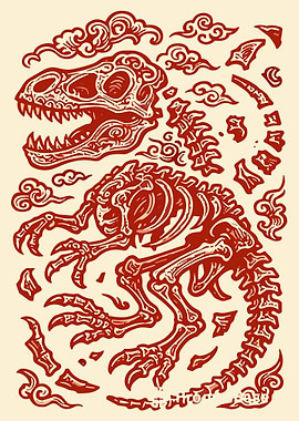 Japanese Dinosaur Skeleton Art – Vintage Ukiyo-E Inspired Fossil Poster