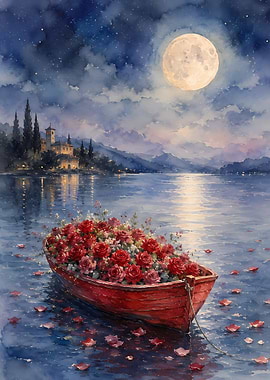 Romantic Boat Full of Roses Under the Moon