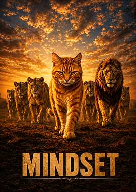 Orange Tabby Cat Leading Lions with 'Mindset' Text