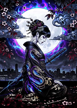 Geisha with Dragon Kimono and Katana