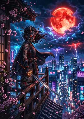 Samurai Warrior Under a Blood Moon