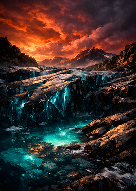 Fiery Sky Over Icy Landscape