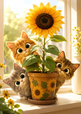 Cute Kittens with Sunflower