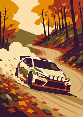 Rally Car Racing Through Autumn Forest