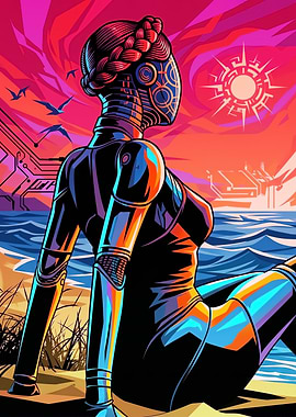 Robot on a Beach at Sunset
