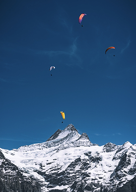 Paragliders over snowy mountains