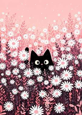 Black Cat Peeking Through Daisies