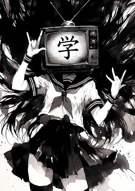 Anime Girl with TV Head and Kanji