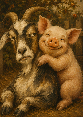 Pig Hugging a Grumpy Goat