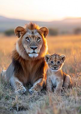 Lion and cub at sunset