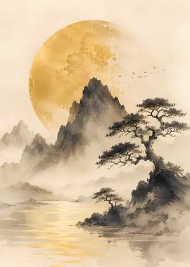 Misty Mountains and Golden Moon
