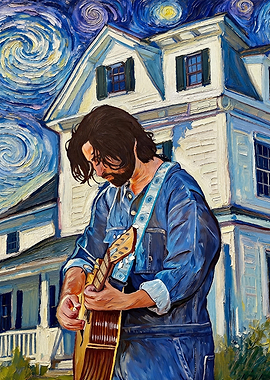 Man playing guitar in front of house