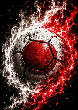 Soccer ball with Japanese flag and fire