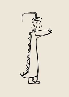 Cartoon Crocodile Alligator Taking a Shower Bathroom