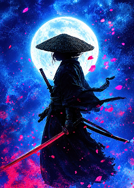 Samurai Warrior Under a Full Moon