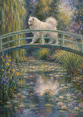 Samoyed Dog on a Bridge in a Garden